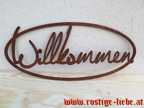 Edelrost Schild Willkommen oval