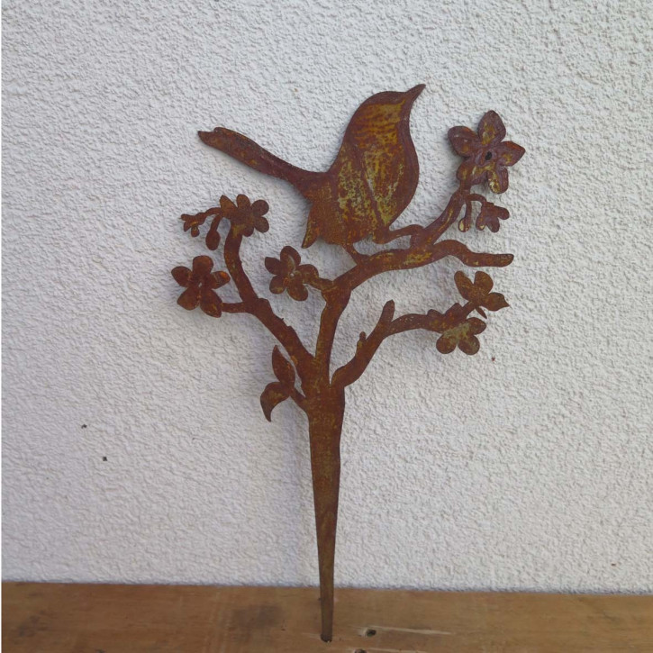 Edelrost Stecker Vogel auf Ast mit Blüten